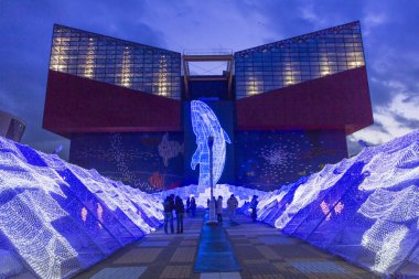 Aydınlatılmış balina köpekbalığı hafif heykeli ve diğer deniz canlıları gece Kaiyukan Akvaryumunun dış tarafında.