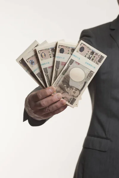Mão Homem Segurando Dinheiro Japonês Notas Iene — Fotografia de Stock