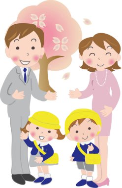 Renkli sanat çizimleri, mutlu aile, anne, baba ve iki çocuk bahar bahçesinde. 