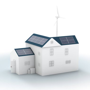 Güneş enerjisi kavramı. Güneş panelleri olan rüzgar türbini 