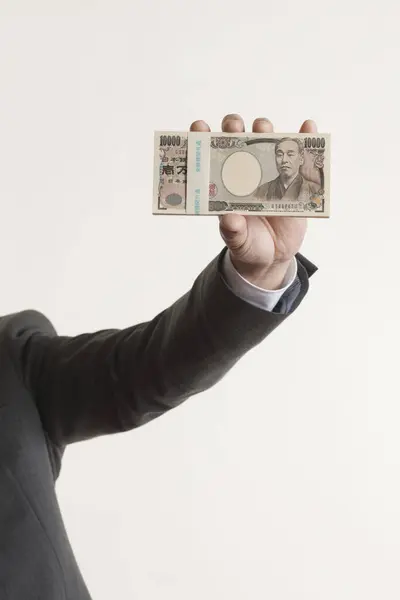 Mão Homem Segurando Dinheiro Japonês Notas Iene — Fotografia de Stock
