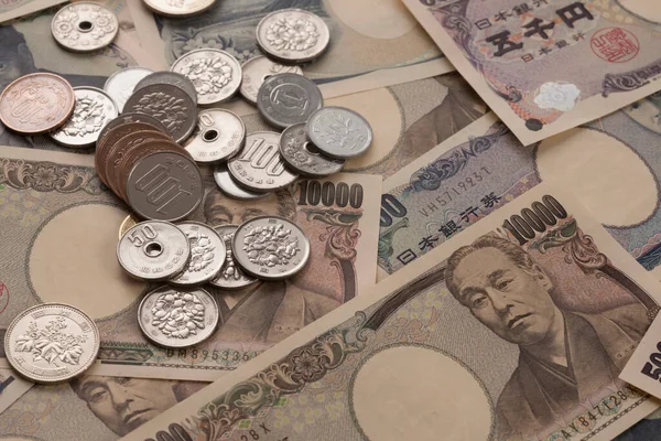 Moeda Japonesa Notas Moedas Iene Fundo Financeiro — Fotografia de Stock