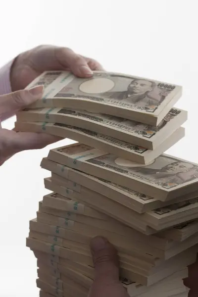 Homme Tenant Des Billets Yen Dans Les Mains Sur Fond — Photo
