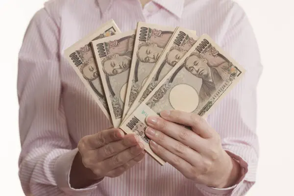 Ženské Ruce Držící Japonské Peníze Jenové Bankovky — Stock fotografie