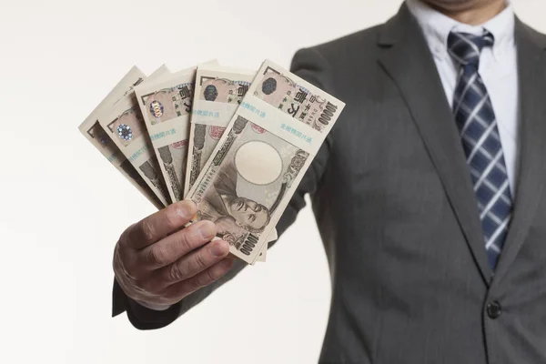 Man Hand Holding Japanese Money Yen Banknotes — Stock Photo, Image
