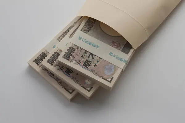 Moneda Japoneză Grămada Bancnote Yeni Punga Hârtie — Fotografie, imagine de stoc