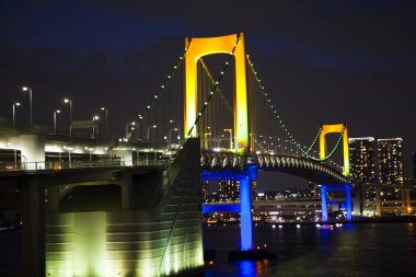 Tokyo şehrinin aydınlık binaları geceleyin, Japonya