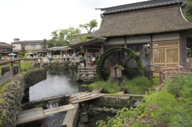 Geleneksel Japon su değirmeni yemyeşil gölün yanında.