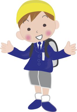 Sarı şapkalı, sırt çantalı, gülümseyen çocuk.