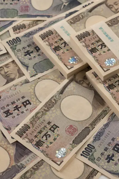 Monnaie Japonaise Pile Billets Yen Contexte Financier — Photo