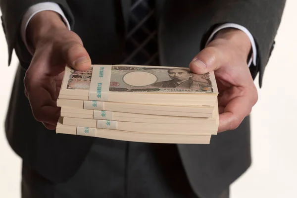Man Hands Holding Japanese Money Yen Banknotes — Stock Photo, Image
