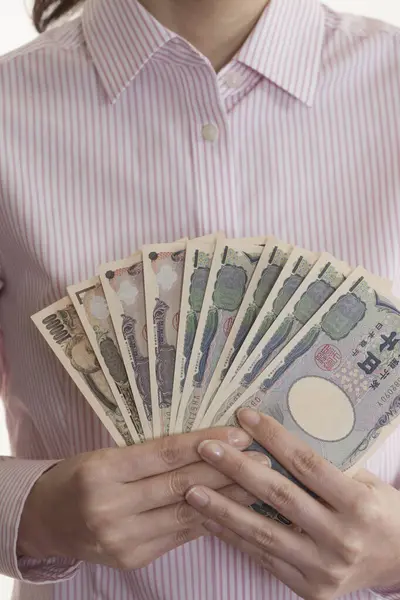 Female Hands Holding Japanese Money Yen Banknotes — Stock Photo, Image
