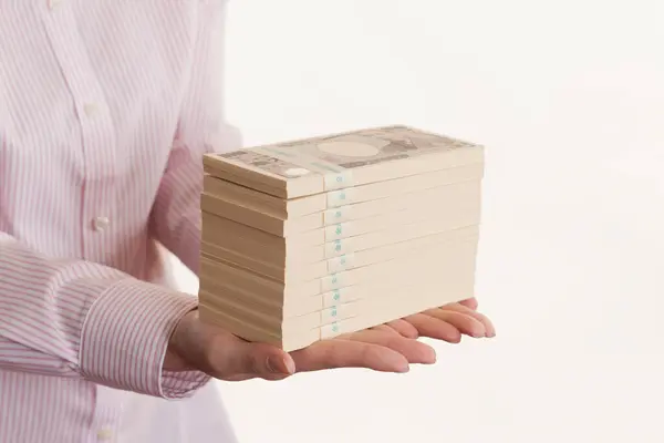 Female Hands Holding Japanese Money Yen Banknotes Isolated White Background — Stock Photo, Image