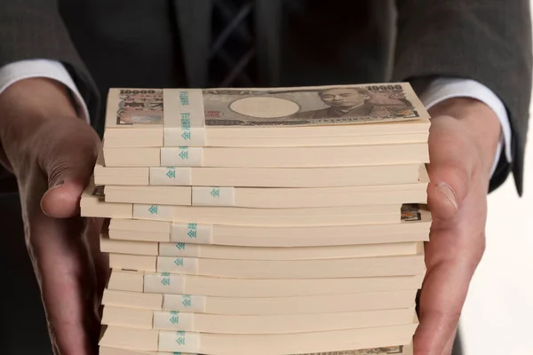Man Hands Holding Japanese Money Yen Banknotes — Stock Photo, Image