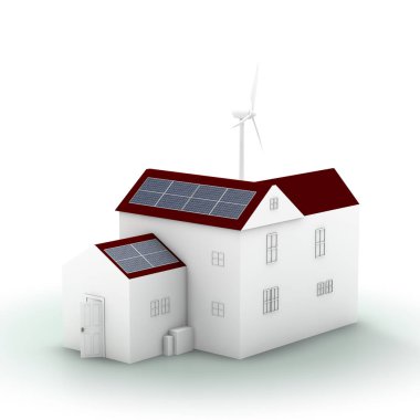 Beyaz arka plandaki evin çatısındaki güneş panelleri