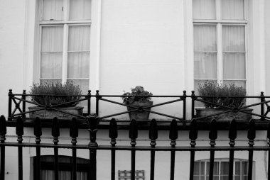 Pencerelerin dışında saksı bitkileri olan küçük balkon çerçeveli siyah metal parmaklıklar.