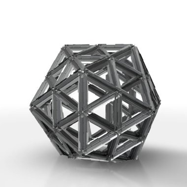 Karmaşık geometrik bir kürenin minimalist yorumlayıcısı veya beyaz arkaplan üzerinde birbirine bağlı üçgen desteklerden oluşan ikosahedron.