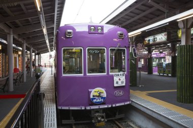 Ana istasyonda yolcularla birlikte mor trenin gündüz görüntüsü 