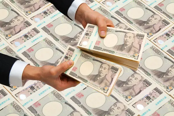 Mužovy Ruce Drží Japonské Jenové Bankovky — Stock fotografie