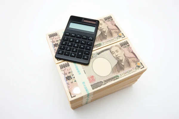 Smartphone Met Japanse Yen Geld Witte Achtergrond Bovenaanzicht — Stockfoto
