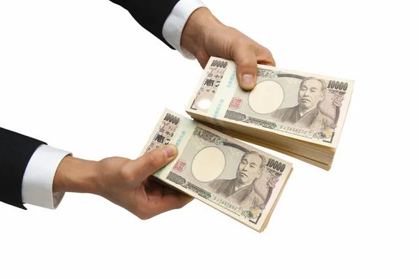 Ręce Mężczyzny Trzymające Japońskie Banknoty Jenowe — Zdjęcie stockowe