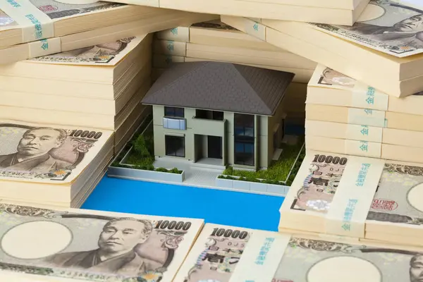 Moeda Japonesa Pilha Notas Iene Modelo Casa — Fotografia de Stock