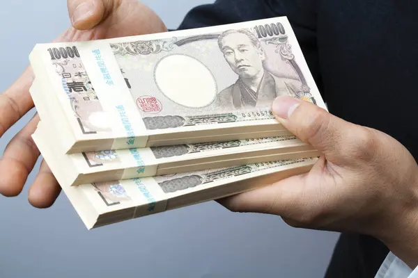 Handen Van Japanse Yen Geld Achtergrond Close — Stockfoto
