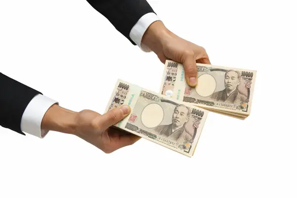 Ręce Mężczyzny Trzymające Japońskie Banknoty Jenowe — Zdjęcie stockowe