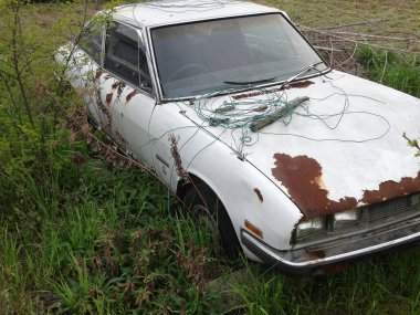 Bahçedeki eski paslı terk edilmiş araba.