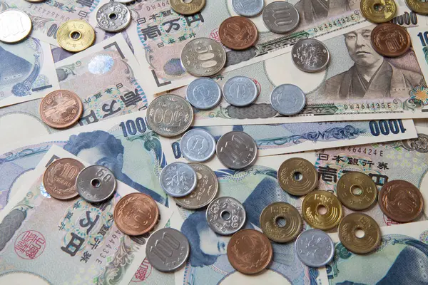 Waluta Japońska Banknoty Monety Jenowe — Zdjęcie stockowe