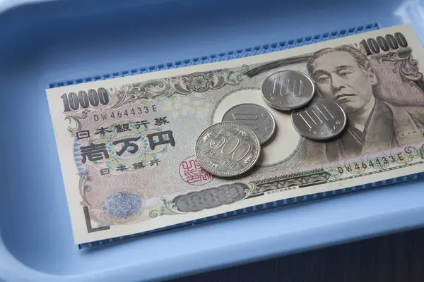 Banknot Jenowy Japoński Monety Jenów Japońskich — Zdjęcie stockowe