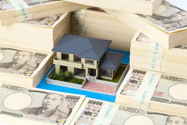 Moeda Japonesa Pilha Notas Iene Modelo Casa — Fotografia de Stock