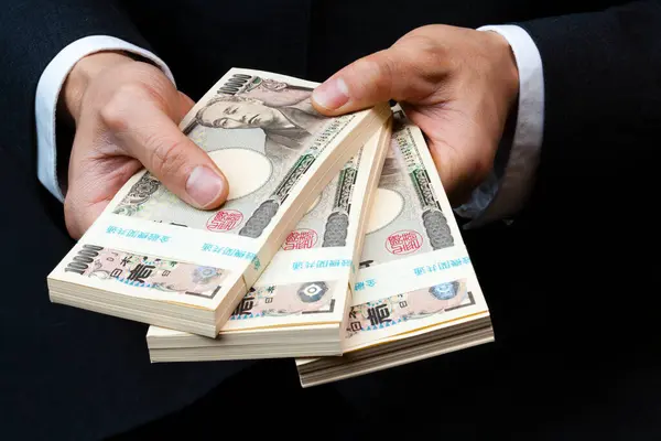 Mains Yen Japonais Argent Sur Fond Gros Plan — Photo