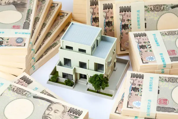 Mata Uang Jepang Tumpukan Uang Kertas Yen Dan Model Rumah — Stok Foto