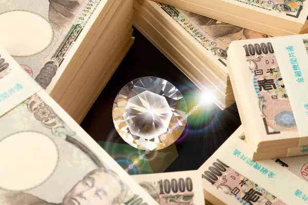 Mata Uang Jepang Tumpukan Uang Yen Dengan Berlian — Stok Foto