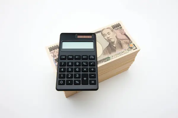 Calculatrice Avec Argent Yen Japonais Sur Fond Blanc Concept Entreprise — Photo