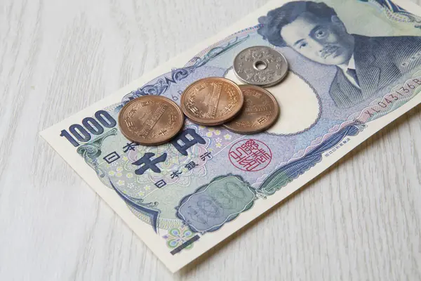 Monety Jenów Japońskich Banknot Jenowy Zbliżenie — Zdjęcie stockowe