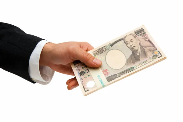 Mão Masculina Segurando Moeda Japonesa Notas Iene Isoladas Fundo Branco — Fotografia de Stock