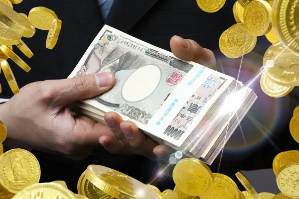 Ruce Japonských Jenů Peníze Pozadí Zblizka — Stock fotografie