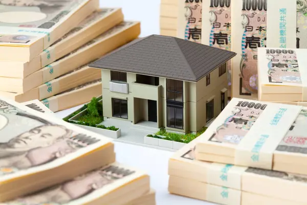 Japonská Měna Hromada Jenových Bankovek Model Domu — Stock fotografie