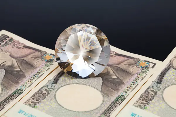 Japonská Měna Hromada Jenových Bankovek Diamantem — Stock fotografie