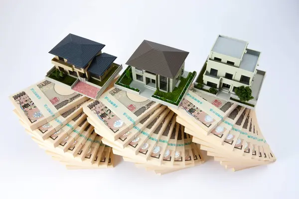 Notas Iene Japonesas Modelos Casas Pequenas Segundo Plano — Fotografia de Stock
