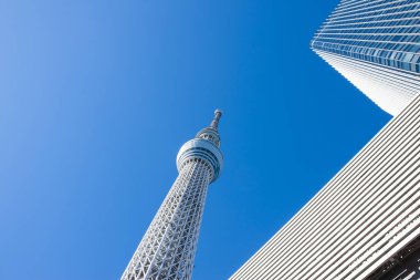 Tokyo Skytree ve Tokyo Skytree Doğu Kulesi Sumida Ward, Tokyo, Japonya 'da açık mavi gökyüzüne karşı 