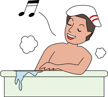 Kafasında havlu ve notalarla küvette rahatlayan gülümseyen bir adam tasviri..