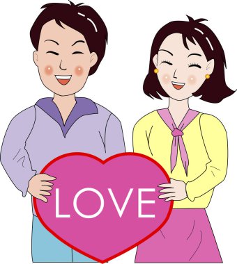 Gülümseyen çift büyük pembe bir kalp taşıyor.