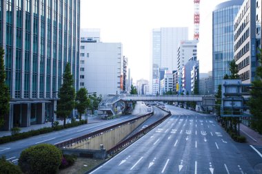 Gündoğumunda modern caddedeki trafik, Tokyo.              