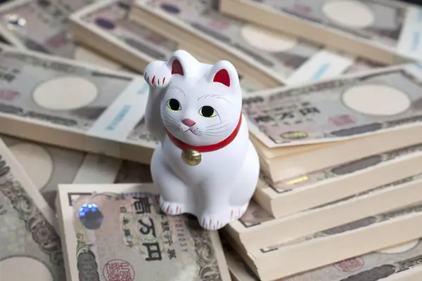 Japanse Yen Bankbiljetten Maneki Neko Kat Symbool Van Geluk Rijkdom — Stockfoto