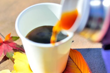 Güzel bir sonbahar parkında bir fincan çay, yakın.