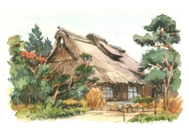 Geleneksel Japon kırsal mimarisinin suluboya çizimi