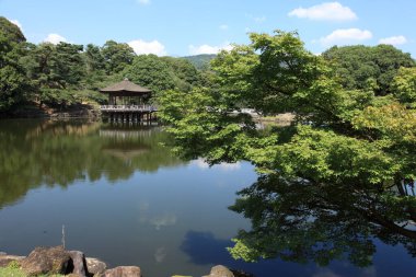 Çok güzel antik bir Japon tapınağının manzaralı tasviri.
